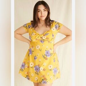 Forever 21 Yellow Floral Daisy Smocked Back Tie Front Casual Mini Dress Size M